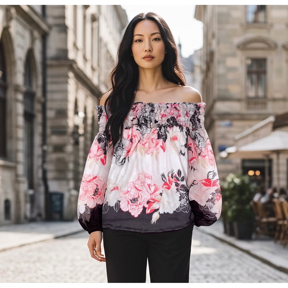 White House Black Market Floral Smocked Off Shoulder Blouse Pink Black Large